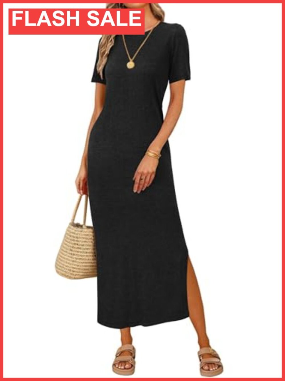 Wool Blend T Shirt Maxi Dress Short Sleeve Crew Neck Side Slit